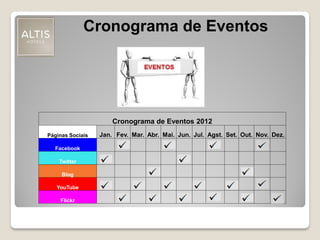 Cronograma de Eventos
Cronograma de Eventos 2012
Páginas Sociais Jan. Fev. Mar. Abr. Mai. Jun. Jul. Agst. Set. Out. Nov. Dez.
Facebook
Twitter
Blog
YouTube
Flickr
 