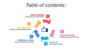 Table of contents:
Connections or Distraction?
CONCLUSIONS
05
Finding a healthy middle ground
THE BALANCE
04
Own view towards the topic
PERSONAL VIEW
03
Some effect caused
IMPACTS
02
A little detail about the topic
INTRODUCTION
01
 