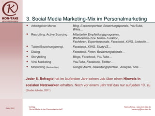 3. Social Media Marketing-Mix im Personalmarketing
                   Arbeitgeber Marke                        Blog, Expertenportale, Bewertungsportale, YouTube,
                                                             Wikis…
                   Recruiting, Active Sourcing              Mitarbeiter Empfehlungsprogramm,
                                                             Weiterleiten- bzw.Teilen- Funktion,
                                                             Fachforen, Expertenportale, Facebook, XING, LinkedIn…
                   Talent Beziehungsmngt.                   Facebook, XING, StudyVZ…
                   Dialog                                   Facebook, Foren, Bewertungsportale…
                   Storytelling                             Blogs, Facebook, YouTube…
                   Viral Marketing                          YouTube, Facebook, Twitter…
                   Monitoring (Beobachten)                  Google Alerts, Bewertungsportale, AnalyseTools…


              Jeder 6. Befragte hat im laufenden Jahr seinen Job über einen Hinweis in
              sozialen Netzwerken erhalten. Noch vor einem Jahr traf das nur auf jeden 10. zu.
              (Studie Jobvite, 2011)




                  Vortrag                                                                        Hanna Krieg - www.kon-taki.de
Seite 16/41
                  „Social Media in der Personalwirtschaft“                                              beratung@kon-taki.de
 