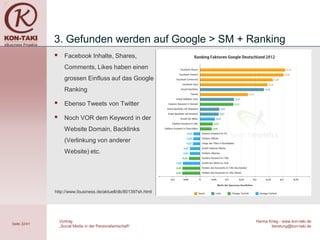3. Gefunden werden auf Google > SM + Ranking
                   Facebook Inhalte, Shares,
                    Comments, Likes haben einen
                    grossen Einfluss auf das Google
                    Ranking

                   Ebenso Tweets von Twitter

                   Noch VOR dem Keyword in der
                    Website Domain, Backlinks
                    (Verlinkung von anderer
                    Website) etc.




              http://www.ibusiness.de/aktuell/db/801397sh.html




                  Vortrag                                        Hanna Krieg - www.kon-taki.de
Seite 32/41
                  „Social Media in der Personalwirtschaft“              beratung@kon-taki.de
 