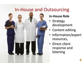 In-House and Outsourcing
               In-House Role
               • Strategy
                 development
               • Content editing
               • Information/expert
                 resources,
               • Direct client
                 response and
                 listening
 