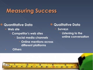 Measuring Success Quantitative Data   Web site Competitor’s web sites Social media channels Online mentions across different platforms Others Qualitative Data   Surveys Listening to the online conversation 