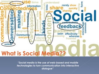 What is Social Media?? “ Social media is the use of web-based and mobile technologies to turn communication into interactive dialogue”  