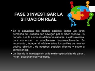 FASE 3 INVESTIGAR LA
SITUACIÓN REAL
 En la actualidad los medios sociales tienen una gran
demanda de usuarios que navegan por el ciber espacio. Es
por ello, que la empresas deben trasladarse a estos medios,
para comenzar a establecerse responsablemente. Es
importante , indagar al máximo sobre los perfiles de nuestro
público objetivo , de nuestros posibles clientes y sobre a
competencia .
 La fase de la investigación es la mejor oportunidad de parar ,
mirar , escuchar todo y a todos.
 