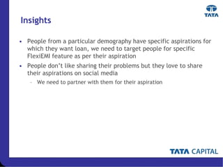 Insights
• People from a particular demography have specific aspirations for
which they want loan, we need to target people for specific
FlexiEMI feature as per their aspiration
• People don’t like sharing their problems but they love to share
their aspirations on social media
– We need to partner with them for their aspiration
 