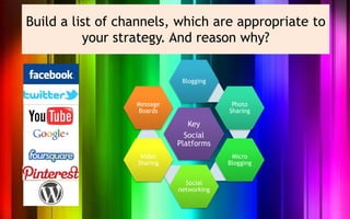 Build a list of channels, which are appropriate to
          your strategy. And reason why?


                             Blogging


                  Message                 Photo
                  Boards                 Sharing

                               Key
                              Social
                            Platforms
                   Video                  Micro
                  Sharing                Blogging


                              Social
                            networking
 