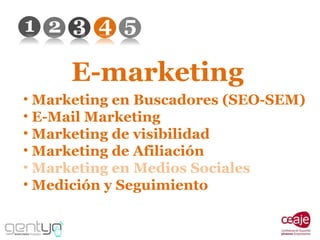 E-marketing Marketing en Buscadores (SEO-SEM) E-Mail Marketing Marketing de visibilidad Marketing de Afiliación Marketing en Medios Sociales Medición y Seguimiento 