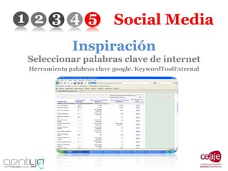 Social Media Inspiración Seleccionar palabras clave de internet Herramienta palabras clave google. KeywordToolExternal 