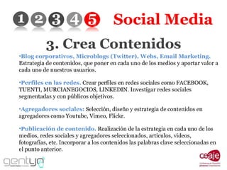 Social Media 3. Crea Contenidos Blog corporativos, Microblogs (Twitter), Webs, Email Marketing.   Estrategia de contenidos, que poner en cada uno de los medios y aportar valor a cada uno de nuestros usuarios. Perfiles en las redes.  Crear perfiles en redes sociales como FACEBOOK, TUENTI, MURCIANEGOCIOS, LINKEDIN. Investigar redes sociales segmentadas y con públicos objetivos. Agregadores sociales:   Selección, diseño y estrategia de contenidos en agregadores como Youtube, Vimeo, Flickr. Publicación de contenido.   Realización de la estrategia en cada uno de los medios, redes sociales y agregadores seleccionados, artículos, videos, fotografías, etc. Incorporar a los contenidos las palabras clave seleccionadas en el punto anterior. 