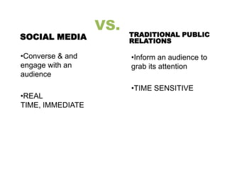 VS.
SOCIAL MEDIA
•Converse & and
engage with an
audience
•REAL
TIME, IMMEDIATE
TRADITIONAL PUBLIC
RELATIONS
•Inform an audience to
grab its attention
•TIME SENSITIVE
 