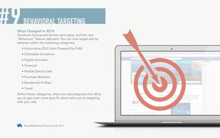 #SocialMarketing Planning Guide 2015 5 
What Changed in 2014 
Facebook Sponsored Stories went away, and the new 
“Behavior...