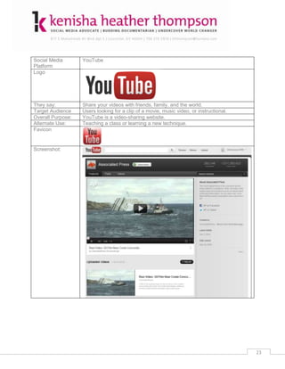 Social Media       YouTube
Platform
Logo




They say:          Share your videos with friends, family, and the world.
Target Audience    Users looking for a clip of a movie, music video, or instructional.
Overall Purpose:   YouTube is a video-sharing website.
Alternate Use:     Teaching a class or learning a new technique.
Favicon


Screenshot:




                                                                                         23
 