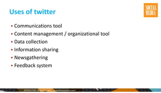 Uses of twitter
• Communications tool
• Content management / organizational tool
• Data collection
• Information sharing
• Newsgathering
• Feedback system
 