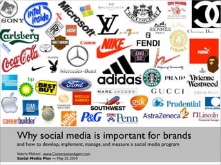 Why social media is important for brands
and how to develop, implement, manage, and measure a social media program
Valeria Maltoni . www.ConversationAgent.com
Social Media Plus — May 25, 2010
 