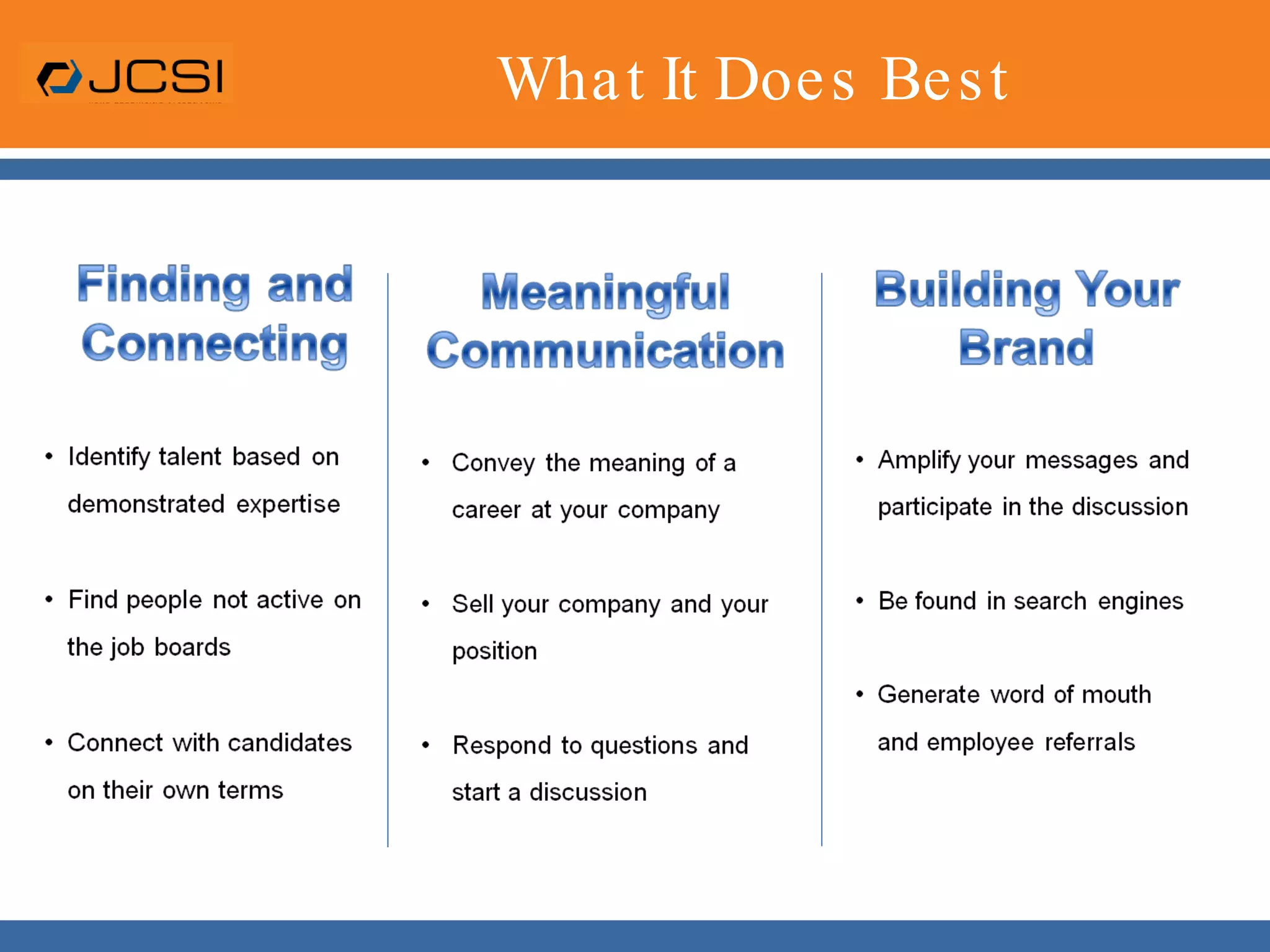 What It Does BestFinding and ConnectingIdentify talent based on demonstrated expertise