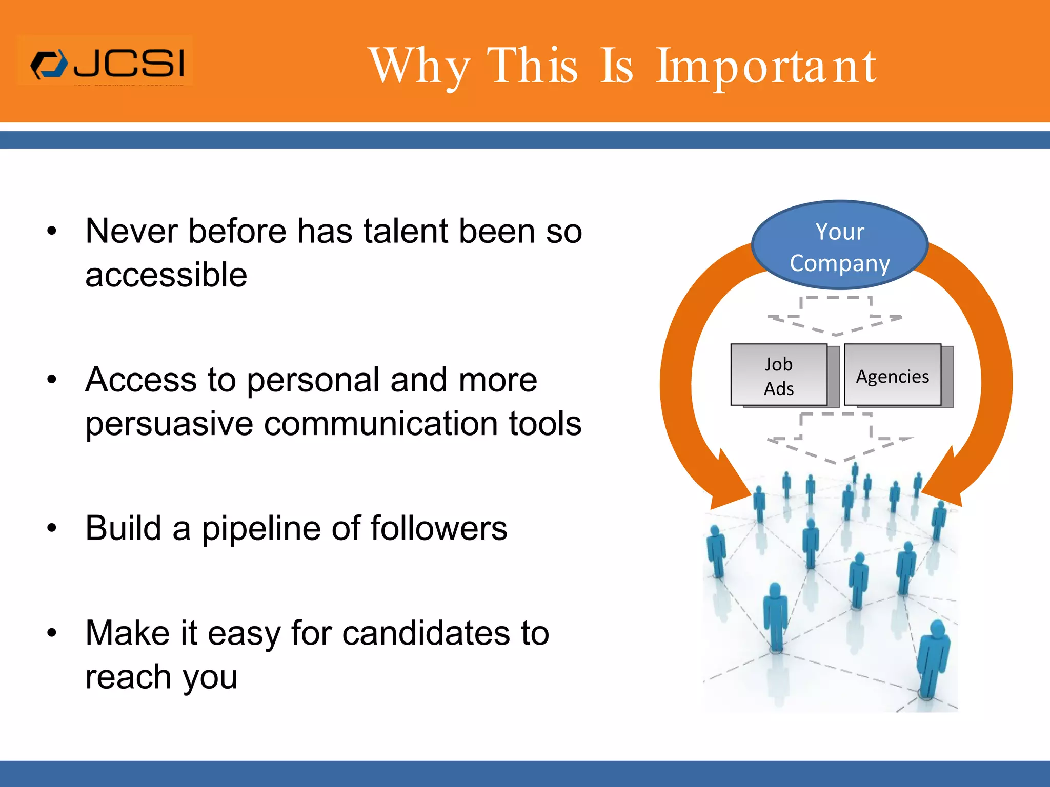 Why This Is ImportantNever before has talent been so accessibleAccess to personal and more persuasive communication toolsBuild a pipeline of followersMake it easy for candidates to reach you Your CompanyJobAdsAgencies
