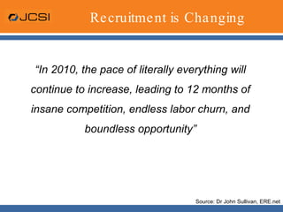Recruitment is Changing“In 2010, the pace of literally everything will continue to increase, leading to 12 months of insane competition, endless labor churn, and boundless opportunity”Source: Dr John Sullivan, ERE.net