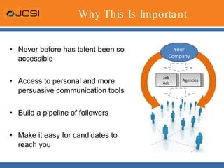 Why This Is ImportantNever before has talent been so accessibleAccess to personal and more persuasive communication toolsBuild a pipeline of followersMake it easy for candidates to reach you Your CompanyJobAdsAgencies