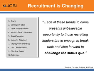 Recruitment is Changing Source: Dr John Sullivan, ERE.net “  Each of these trends to come presents unbelievable opportunity to those recruiting leaders brave enough to break rank and step forward to  challenge the status quo. ” Churn Contingent labor Show Me the Money Return of the Talent War Direct Sourcing Jugaad is Required Employment Branding Tool Obsolescence Obsolete Talent Retention 