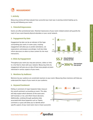 MeaSureMeNt

1. activity

Measuring activity will help evaluate how successful your team was in posting content leading up to,
during and following your event.




                                                                                                                 Case #3 - Adding Events to Social Media Programs
2. Potential impressions

Events are often promotional tools. Potential impressions of your event-related content will quantify the
reach of your event beyond physical attendees or your social network.


3. engagement by date

Engagement by date can be an indicator of the hype
surrounding your event. In some cases, tracking
engagement will allow you to predict attendance, set
expectations and prepare accordingly. It will also help
inform decisions on when to share content for the most
interactions.


4. clicks by engagement

Throughout your event you may post pictures, videos or links
to a live feed to share with your network. Measuring clicks by
engagement	will	give	you	an	idea	of	how	many	people	are/were	
interested in various aspects of your event.


5. Mentions by audience

Mentions by your audience are unsolicited reactions to your event. Measuring these mentions will help you
understand the impact of your event on your audience.


6. keyword Sentiment

Pulling in sentiment of major keywords helps measure
the overall sentiment surrounding an event. This data
will help explain which elements of the event were
well received, or not, and inform future decisions.
Additionally, combing through qualitative data
associated with these keywords such as Tweets,
comments or posts will allow you to identify which
specific	aspects	of	your	event	were	most	or	least	successful.	




Social Media Pocket Guide                                                                                   20
 