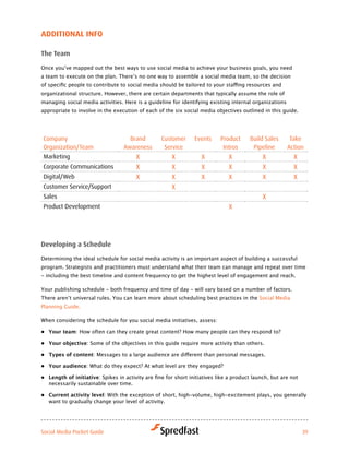 additioNal iNfo

the team

Once	you’ve	mapped	out	the	best	ways	to	use	social	media	to	achieve	your	business	goals,	you	need	
a	team	to	execute	on	the	plan.	There’s	no	one	way	to	assemble	a	social	media	team,	so	the	decision	
of	specific	people	to	contribute	to	social	media	should	be	tailored	to	your	staffing	resources	and	
organizational	structure.	However,	there	are	certain	departments	that	typically	assume	the	role	of	
managing	social	media	activities.	Here	is	a	guideline	for	identifying	existing	internal	organizations	
appropriate to involve in the execution of each of the six social media objectives outlined in this guide.




Company                              Brand         Customer      Events     Product     Build Sales      Take
Organization/Team                  Awareness        Service                  Intros      Pipeline       Action
Marketing                               X              X            X          X              X            X
Corporate Communications                X              X            X          X              X            X
Digital/Web                             X              X            X          X              X            X
Customer Service/Support                               X
Sales                                                                                         X
Product Development                                                            X




developing a Schedule

Determining the ideal schedule for social media activity is an important aspect of building a successful
program. Strategists and practitioners must understand what their team can manage and repeat over time
- including the best timeline and content frequency to get the highest level of engagement and reach.

Your publishing schedule - both frequency and time of day - will vary based on a number of factors.
There	aren’t	universal	rules.	You	can	learn	more	about	scheduling	best	practices	in	the	Social Media
Planning Guide.

When considering the schedule for you social media initiatives, assess:

•	 Your team:	How	often	can	they	create	great	content?	How	many	people	can	they	respond	to?

•	 Your objective: Some of the objectives in this guide require more activity than others.

•	 Types of content:	Messages	to	a	large	audience	are	different	than	personal	messages.

•	 Your audience:	What	do	they	expect?	At	what	level	are	they	engaged?

•	 Length of initiative:	Spikes	in	activity	are	fine	for	short	initiatives	like	a	product	launch,	but	are	not	
   necessarily sustainable over time.

•	 Current activity level: With the exception of short, high-volume, high-excitement plays, you generally
   want to gradually change your level of activity.




Social Media Pocket Guide                                                                                        39
 
