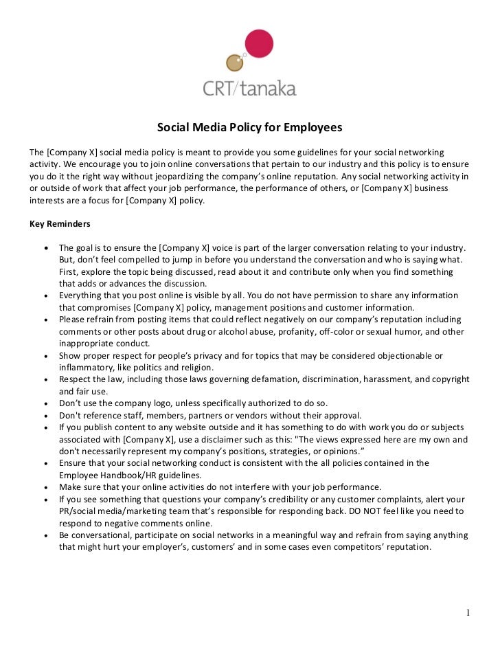 crt tanaka social media policy template for employees social media policies template