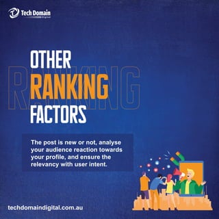 techdomaindigital.com.au
Ranking
The post is new or not, analyse
your audience reaction towards
your profile, and ensure the
relevancy with user intent.
factors
Other
 