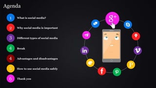 Agenda
1 What is social media?
2 Why social media is important
3 Different types of social media
4 Advantages and disadvantages
5 How to use social media safely
6 Thank you
4 Break
 