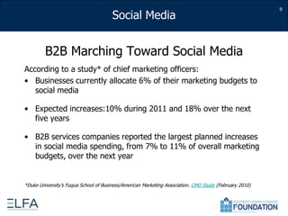 B2B Marching Toward Social MediaAccording to a study* of chief marketing officers:Businesses currently allocate 6% of their marketing budgets to social media Expected increases:10% during 2011 and 18% over the next five yearsB2B services companies reported the largest planned increases in social media spending, from 7% to 11% of overall marketing budgets, over the next year*Duke University’s Fuqua School of Business/American Marketing Association. CMO Study (February 2010) 9