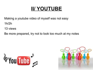 II/ YOUTUBE Making a youtube video of myself was not easy 1h/2h 13 views Be more prepared, try not to look too much at my notes 