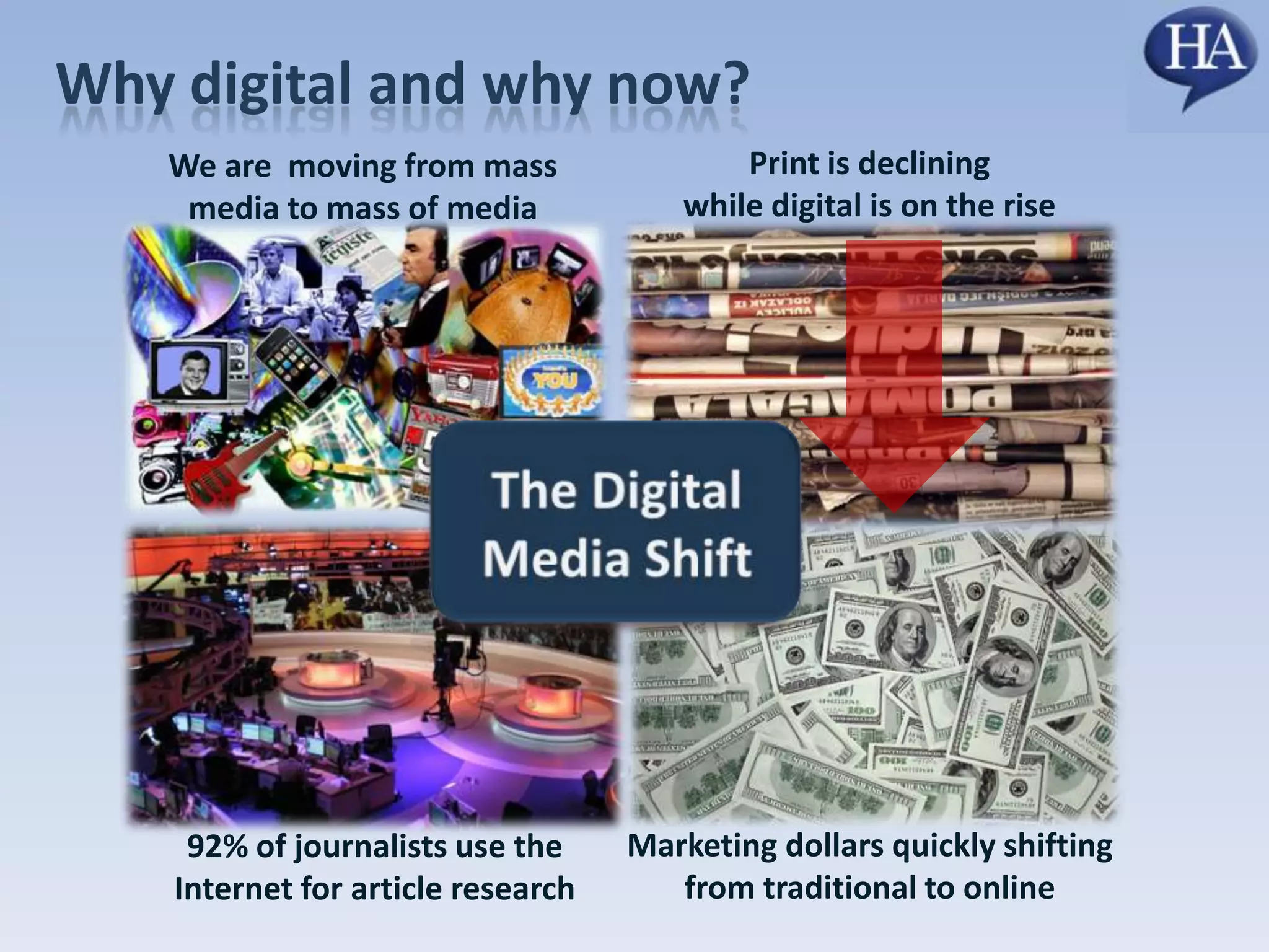 Why digital and why now?Print is declining while digital is on the riseWe are  moving from mass media to mass of mediaThe Digital Media ShiftMarketing dollars quickly shifting from traditional to online92% of journalists use the Internet for article research