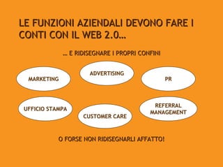 LE FUNZIONI AZIENDALI DEVONO FARE I
CONTI CON IL WEB 2.0…
              … E RIDISEGNARE I PROPRI CONFINI


                      ADVERTISING
  MARKETING                                      PR



                                           REFERRAL
 UFFICIO STAMPA
                                          MANAGEMENT
                    CUSTOMER CARE



            O FORSE NON RIDISEGNARLI AFFATTO!
 