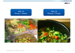 Web 1.0                         Web 2.0
                         Portale = Salatbar              Mashups = Eintopf




Social Media > Praxiswissen | NOEO GmbH | www.noeo.com                München, 13.05.2011
 
