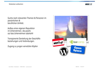 Silodenken aufbrechen




Suche nach relevanten Themen & Personen im
persönlichen &
beruflichen Umfeld.

Aufbau einer eigenen Reputation
im Unternehmen, die positiv
auf das Unternehmen abstrahlt

Transparente Darstellung der Geschäfts-
beziehungen und Verbindungen.

Zugang zu jungen vernetzten Köpfen
                                                          Open
                                                          Space




 Social Media > Praxiswissen | NOEO GmbH | www.noeo.com    München, 13.05.2011
 