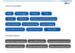 Formen von Social Media:



   Blogs                        Microblogging                  Podcasts              Wikis


     Forums                             Filesharing            live and on demand Video websites


  Social Networks                                    Social Bookmarking       Instant Messaging


  Local Check-in Services                                  Social Commerce               Cloud Music


Gemeinsame Faktoren:


 Open Data / deep analytics                                  easy publishing tools       browser-based cloud-services

    no/low costs for data                                 allways and everywhere on          easy to enter & open for all

 Social Media > Praxiswissen | NOEO GmbH | www.noeo.com                                                München, 13.05.2011
 