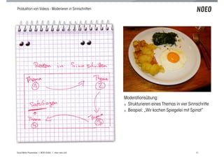Produktion von Videos - Moderieren in Sinnschritten




                                                       Moderationsübung:
                                                       ! Strukturieren eines Themas in vier Sinnschritte
                                                       ! Beispiel: „Wir kochen Spiegelei mit Spinat“




Social Media Praxiswissen | NOEO GmbH | www.noeo.com                                            86
 