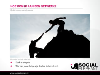 Ondernemen vanuit passie
Wie vraagt om hulp krijgt hulp
HOE KOM IK AAN EEN NETWERK?
Durf te vragen
Wie kan jouw helpen je doelen te bereiken?
 