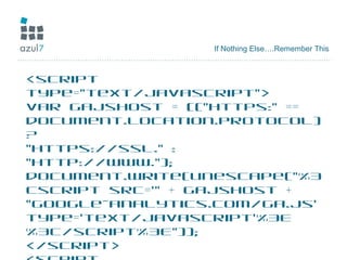 <script
type="text/javascript">
var gaJsHost = (("https:" ==
document.location.protocol)
?
"https://ssl." :
"http://www.");
document.write(unescape("%3
Cscript src='" + gaJsHost +
"google-analytics.com/ga.js'
type='text/javascript'%3E
%3C/script%3E"));
</script>
If Nothing Else….Remember This
 