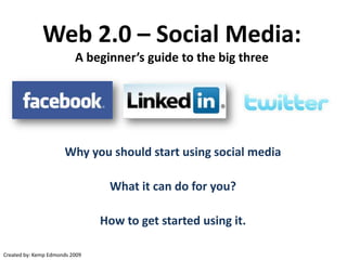 Web 2.0 – Social Media:A beginner’s guide to the big three Why you should start using social media What it can do for you? How to get started using it. Created by: Kemp Edmonds 2009 