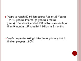Years to reach 50 million users: Radio (38 Years), TV (13 years), Internet (4 years), iPod (3 years)…Facebook added 100 million users in less than 9 months…iPhone hit 1 billion in 9 months% of companies using LinkedIn as primary tool to find employees…80%