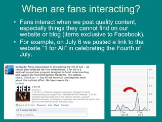 When are fans interacting? Fans interact when we post quality content, especially things they cannot find on our website or blog (items exclusive to Facebook). For example, on July 6 we posted a link to the website “1 for All” in celebrating the Fourth of July. 