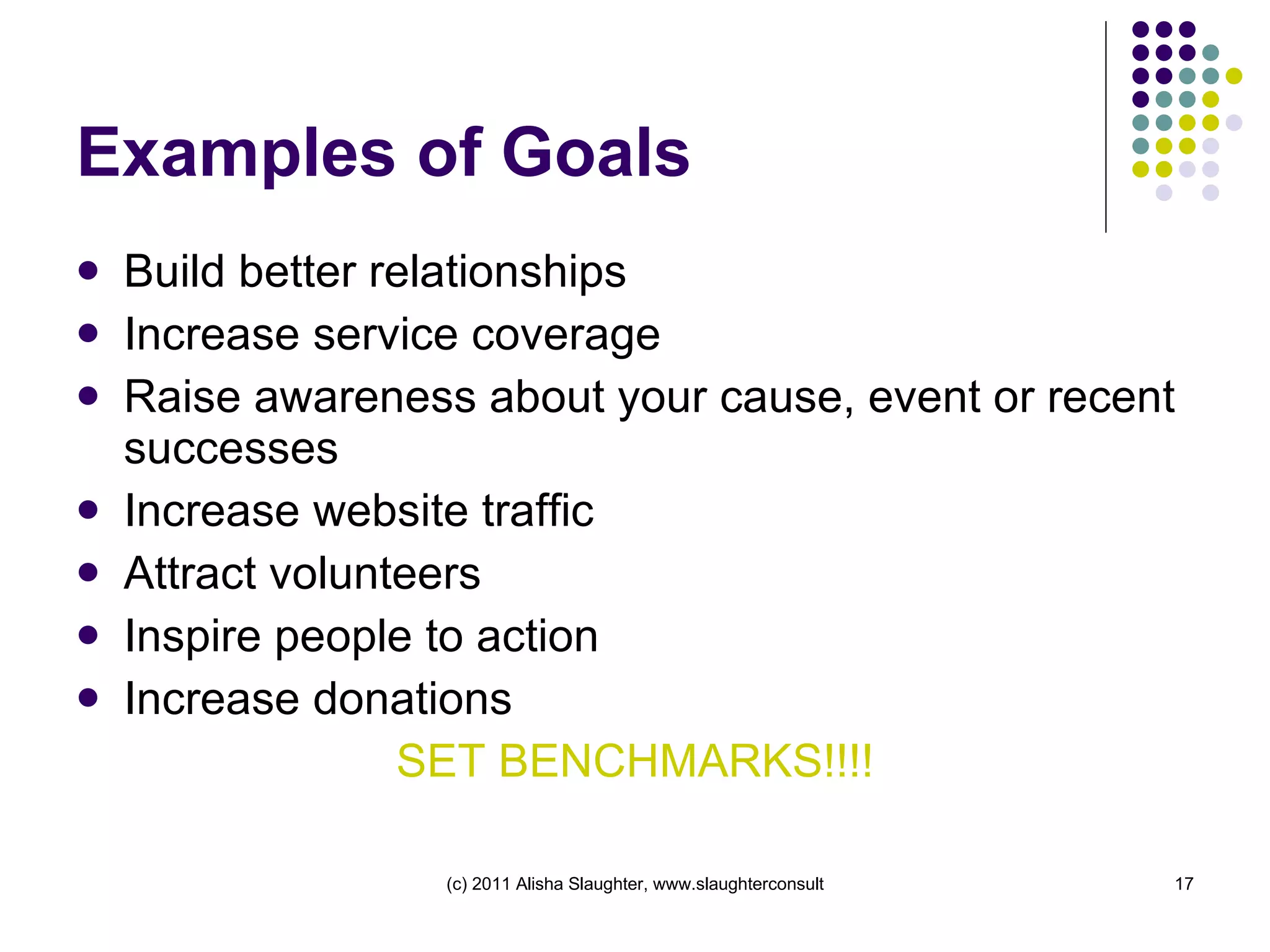Examples of Goals Build better relationships Increase service coverage Raise awareness about your cause, event or recent successes Increase website traffic Attract volunteers Inspire people to action Increase donations SET BENCHMARKS!!!! 