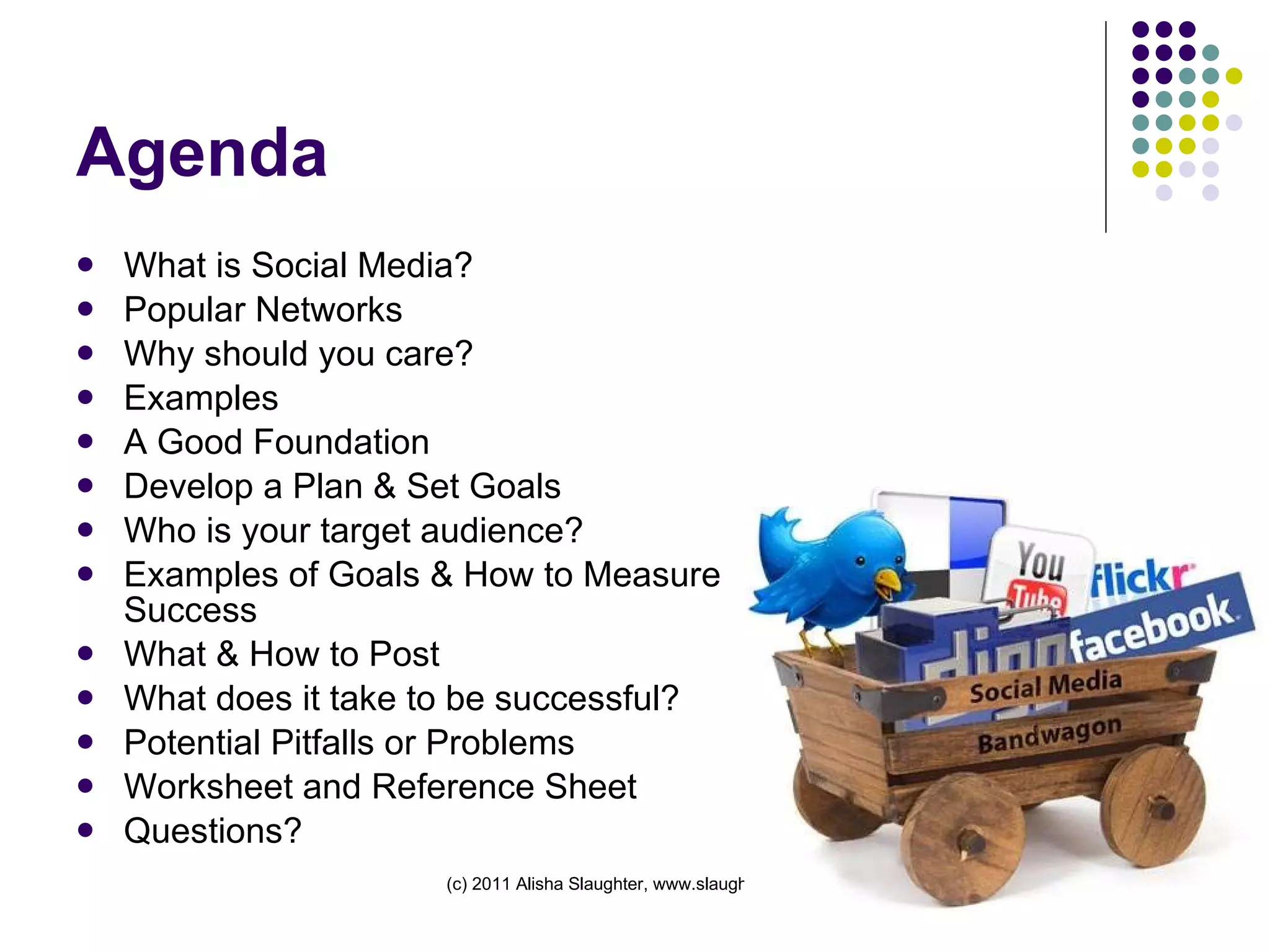 Agenda What is Social Media? Popular Networks Why should you care?  Examples A Good Foundation Develop a Plan & Set Goals Who is your target audience? Examples of Goals & How to Measure Success What & How to Post What does it take to be successful? Potential Pitfalls or Problems Worksheet and Reference Sheet Questions? 