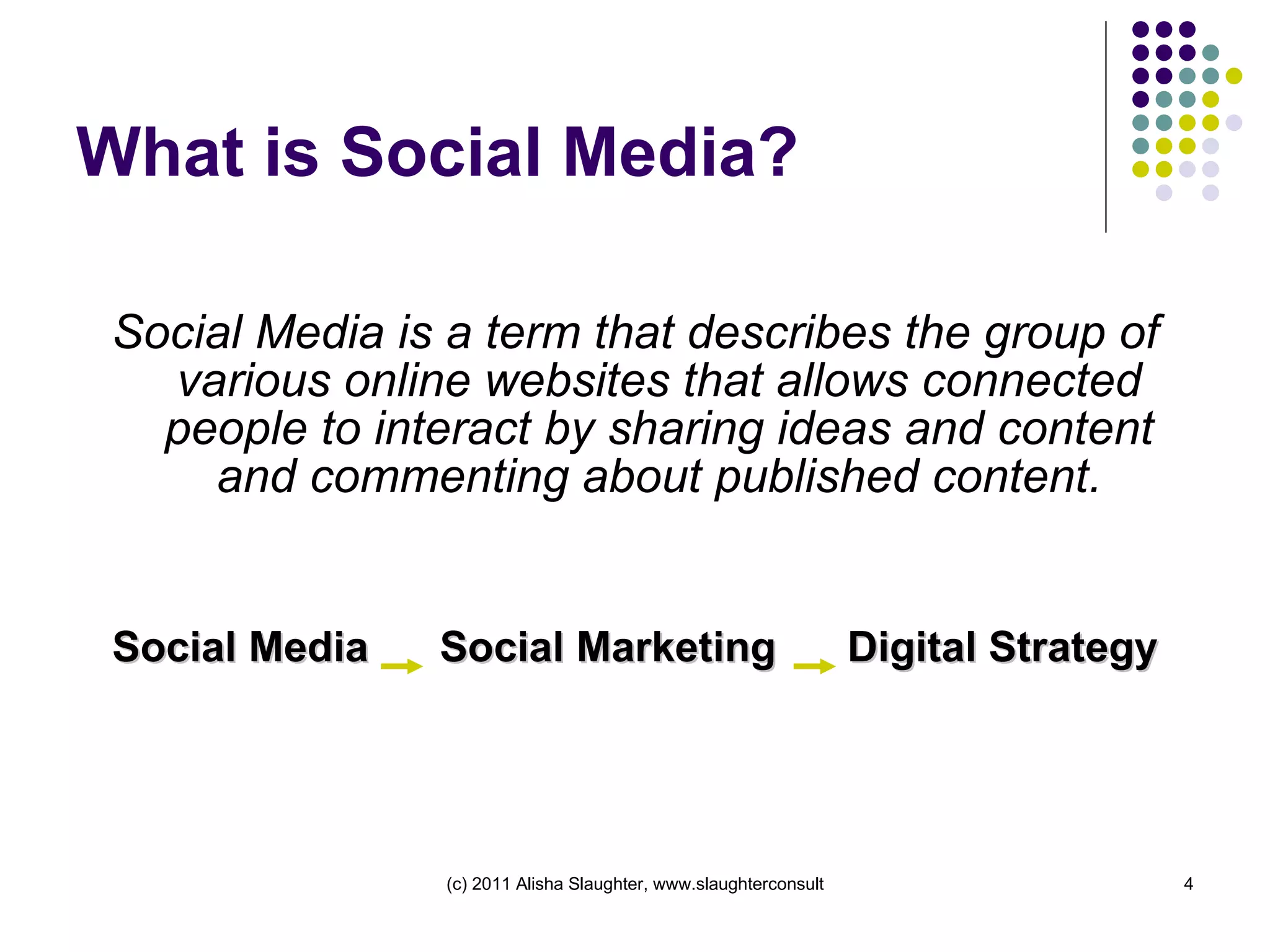 What is Social Media? Social Media is a term that describes the group of various online websites that allows connected people to interact by sharing ideas and content and commenting about published content. Social Media  Social Marketing  Digital Strategy 