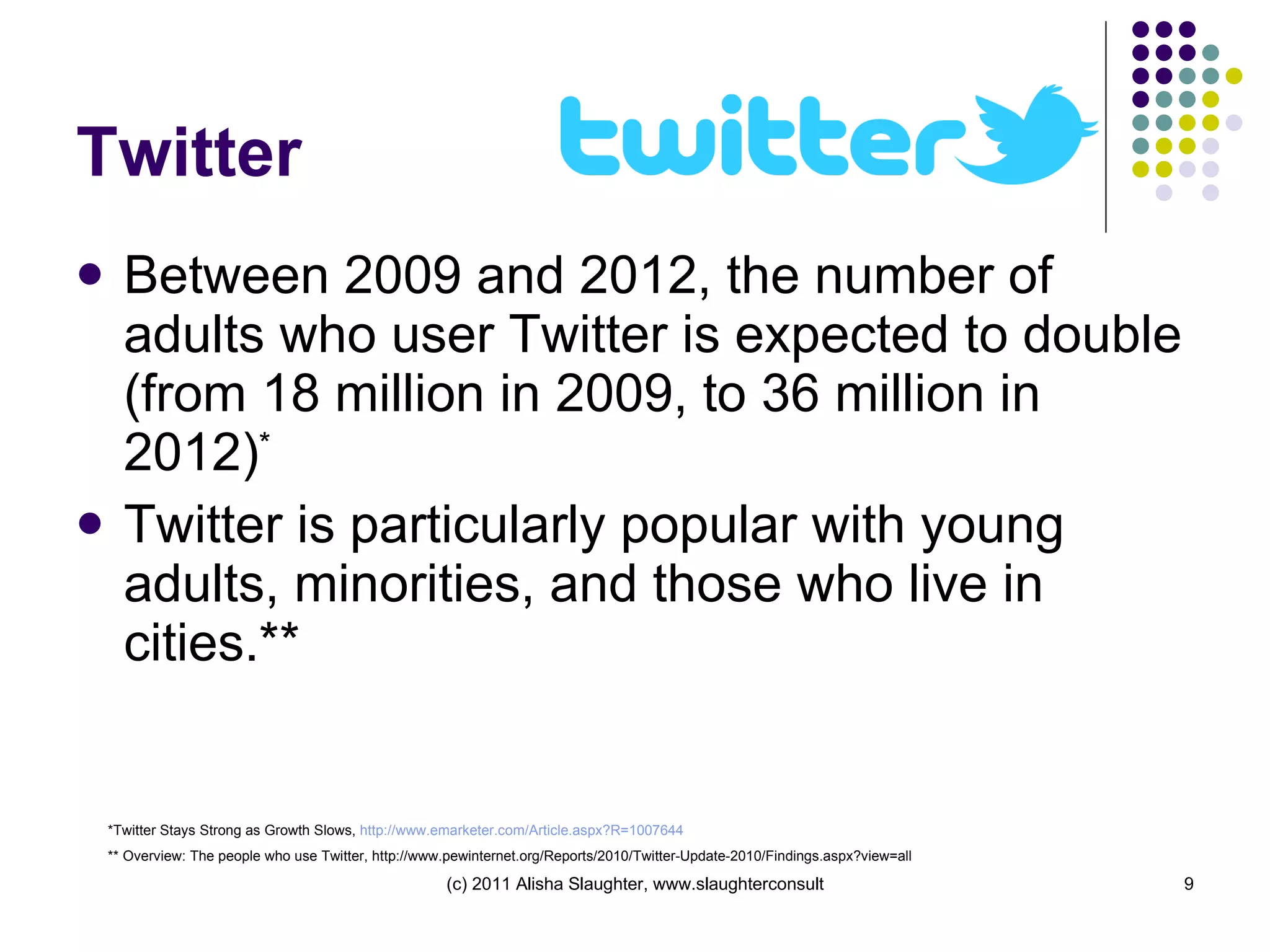 Twitter Between 2009 and 2012, the number of adults who user Twitter is expected to double (from 18 million in 2009, to 36 million in 2012) * Twitter is particularly popular with young adults, minorities, and those who live in cities.** *Twitter Stays Strong as Growth Slows,  http://www.emarketer.com/Article.aspx?R=1007644 ** Overview: The people who use Twitter, http://www.pewinternet.org/Reports/2010/Twitter-Update-2010/Findings.aspx?view=all 
