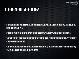 The Big Four Facebook: sharing capabilities, engagement ops, building relationships Twitter: instant satisfy followers, share valuable news YouTube: most engaging medium, attract and drive traffic, generate leads LinkedIn: great for B2B marketing,, get recommendations, stay current with industry 