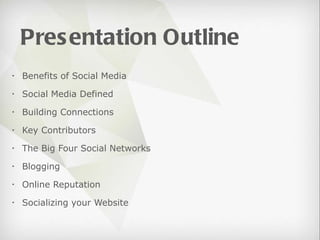Benefits of Social Media Social Media Defined Building Connections Key Contributors The Big Four Social Networks Blogging Online Reputation Socializing your Website Presentation Outline 