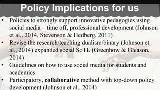 Policy Implications for us 
• Policies to strongly support innovative pedagogies using 
social media – time off, professional development (Johnson 
et al., 2014, Stevenson & Hedberg, 2011) 
• Revise the research/teaching dualism/binary (Johnson et 
al., 2014) expanded social SoTL (Greenhow & Gleason, 
2014) 
• Guidelines on how to use social media for students and 
academics 
• Participatory, collaborative method with top-down policy 
development (Johnson et al., 2014) 
 