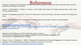 References Greenhow, C. & Gleason, B. (2014). Social scholarship: Reconsidering scholarly practices in the age of social media, British Journal of 
Educational Technology, 45 (3): 392-402. 
Johnson, L., Adams Becker, S., Estrada, V., Freeman, A. (2014). NMC Horizon Report: 2014 Higher Education Edition. Austin, Texas: 
The New Media Consortium. 
Laurillard, D. & Deepwell, M. (2014) ALT survey on the effective use of learning technology in educataion. Education Technology Action 
Group. 
Seaman,J&Tinti-Kane,H. (2013). Social Media for Teaching and Learning. Boston: Pearson Learning Solutions. 
Social media in education: ethical concerns 
Posted on 01 July 2014. Tags: Changing the learning landscape, ethics, HEA, Mark Childs, social media, Steve 
Wheeler,Teresa MacKinnon 
Stevenson, M. & Hedberg, J.G. (2011) Head in the clouds: a review of 
current and future potential for cloud-enabled pedagogies, Educational Media International, 48:4, 
321-333, DOI: 10.1080/09523987.2011.632279 
Wang, Z, Chen, L. & Anderson, T. (2014). A Framework for Interaction and Cognitive Engagement in Connectivist Learning 
Contexts. The International Review of Open and Distance Learning, 15, 2, 121-141 
https://www.canvas.net/courses/introduction-to-learning-technologies 
