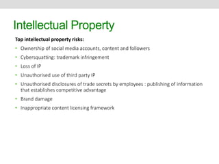 Intellectual Property 
Top intellectual property risks: 
• Ownership of social media accounts, content and followers 
• Cybersquatting: trademark infringement 
• Loss of IP 
• Unauthorised use of third party IP 
• Unauthorised disclosures of trade secrets by employees : publishing of information 
that establishes competitive advantage 
• Brand damage 
• Inappropriate content licensing framework 
 